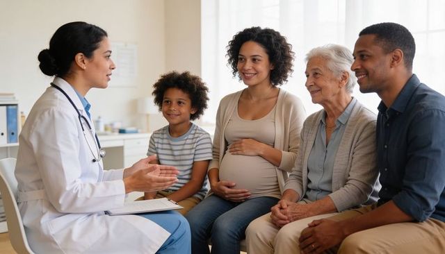 Multigenerational family receiving prenatal consultation from woman doctor in clinic