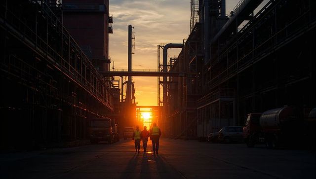 Plant workers walking into sunset on industrial corridor silhouette teamwork safety vests hard hats