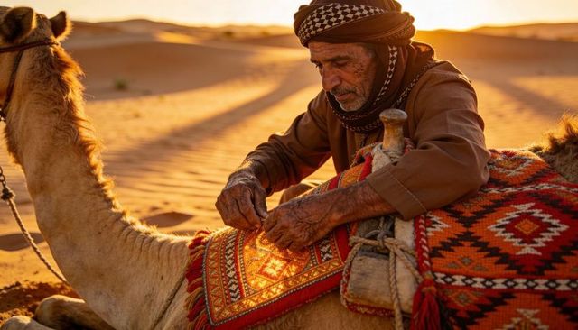 Man in keffiyeh adjusting camel saddle blanket at sunset over desert dunes