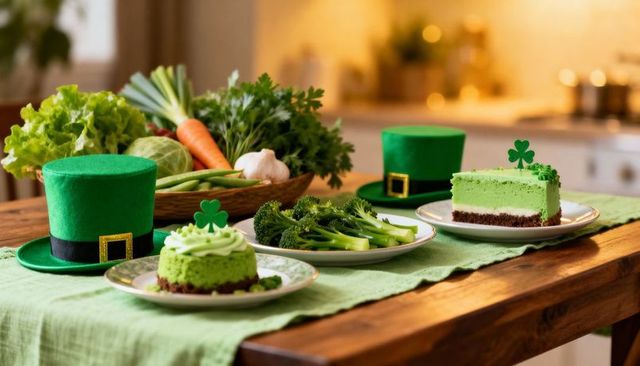 St patricks day green dessert spread with shamrock mini cakes, broccoli and felt hats