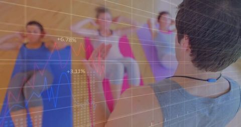 Fitness trainer guiding group with workout metrics overlay