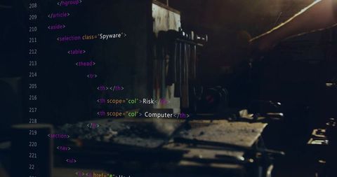 Dim workshop workbench with tools and code overlay conveying cyber repair and security