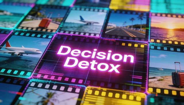 Neon decision detox mosaic with travel filmstrip, futuristic grid, beach and airplane