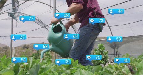 Modern Farmer Watering Strawberries with Social Media Interactions Overlay