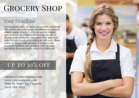 charming grocery store employee promoting discounts - Download Free Stock Templates Pikwizard.com