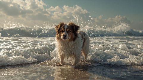 Australian shepherd playfully splashing in surf on sandy beach
