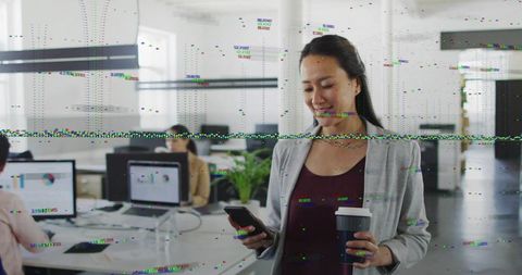 Professional Woman Using Smartphone in Modern Office with Digital Glitch Effects