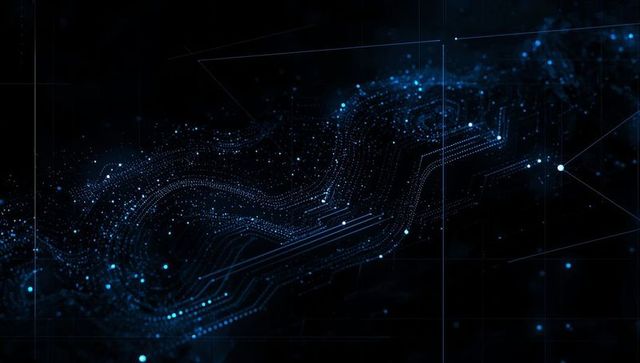 Flowing digital wave with blue nodes in cyberspace