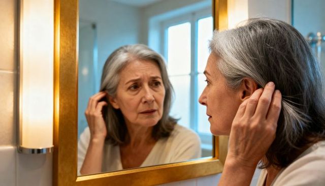Senior woman examining and adjusting gray hair in bathroom mirror, reflecting on aging