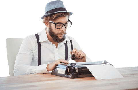 hipster utilizing typewriter with smoking pipe wearing hat - Download Free Stock Videos Pikwizard.com