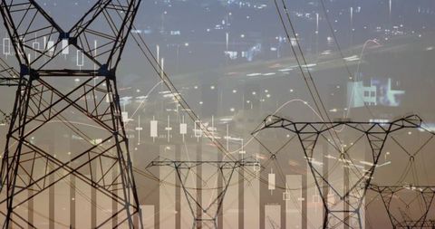 Industrial Power Transmission at Twilight with Stock Market Charts and Light Trails Overlay