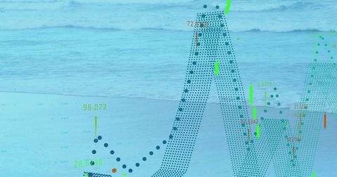 Digital analytics overlaid on serene beach landscape