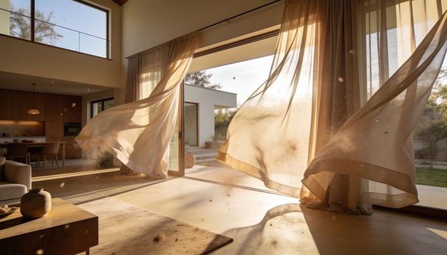 Billowing sheer curtains bathing interior in golden light with floating dust through sliding doors