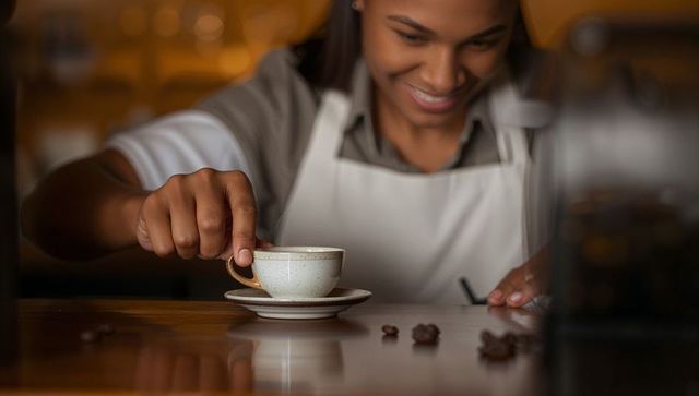 Smiling barista placing ceramic cup and saucer on counter with coffee beans