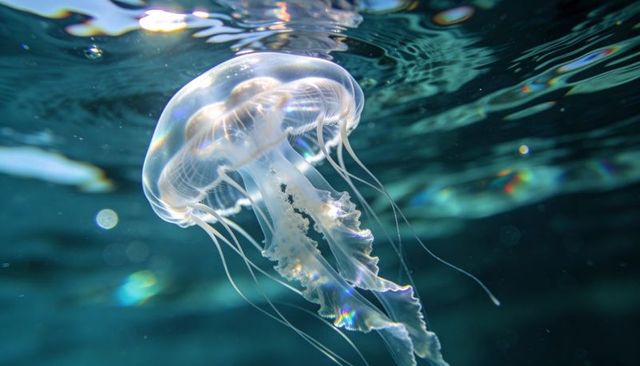 Translucent jellyfish gliding near water surface with iridescent tentacles and caustic shimmer