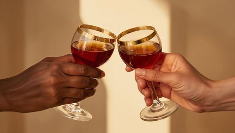 Clinking Gold-Rimmed Wine Glasses Between Diverse Hands for Intimate Toast