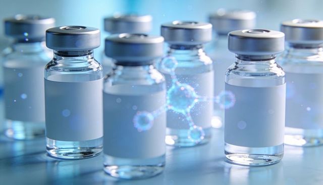 Vaccine vials showing molecular hologram for research and biotech development