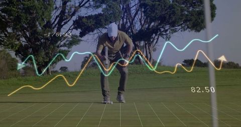 Golfer Analyzing Putt with Digital Metrics and Technology Overlay
