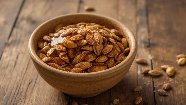 Rustic pottery bowl of roasted pumpkin seeds on wooden table