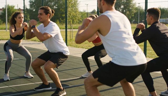 Sunlit outdoor group training adults squatting together on urban sports court for strength