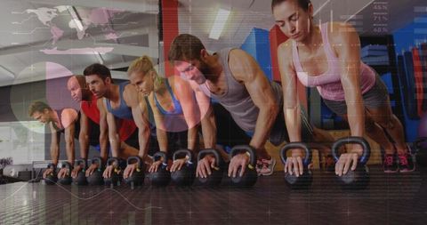 Group of adults engaging in kettlebell push-up workout