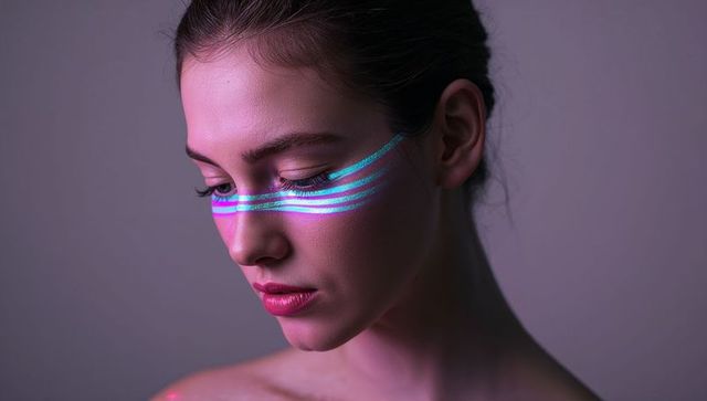Woman with Neon Face Paint in Futuristic Studio Lighting