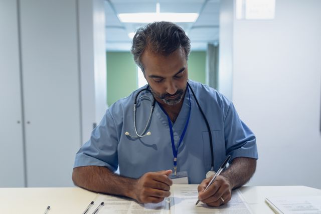 Male doctor in blue scrubs and stethoscope reading documents at hospital reception desk. Ideal for healthcare, medical, hospital, and clinic-related content. Can be used for articles, websites, brochures, and advertisements focusing on medical professionals, hospital administration, and patient care.