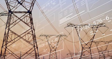 Transmission Towers Standing at Sunset with Digital Overlay Conveying Smart Grid Technology