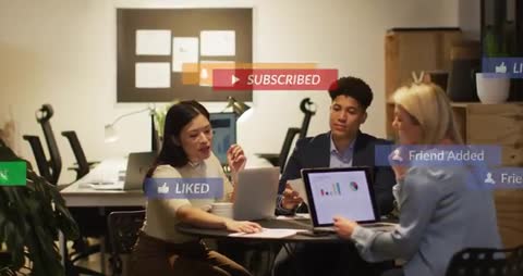 Business Team Collaborating with Social Media Prompts Overlay