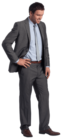 Transparent Confident Businessman in Grey Suit Smiling Down