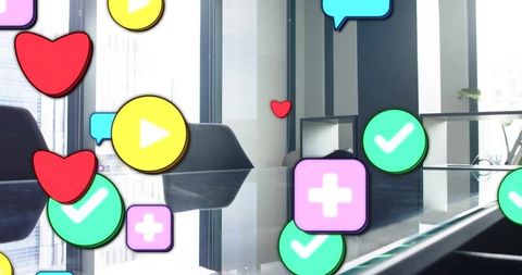 Glass conference table reflecting floating social media icons in urban office interior