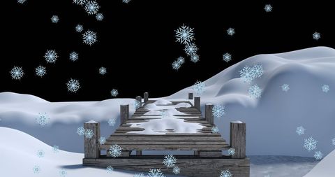 Wooden Pier Covered in Falling Snowflakes at Nighttime Winter View - Download Free Stock Images Pikwizard.com