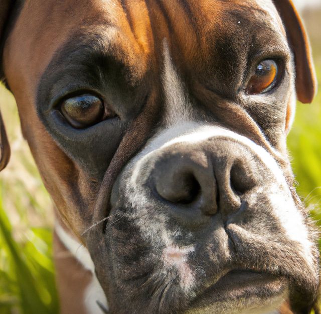 Close up of cute brown and black boxer dog over grass - Download Free Stock Photos Pikwizard.com