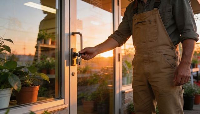 Gardener unlocking greenhouse door at sunset while tending potted plants, nursery closing
