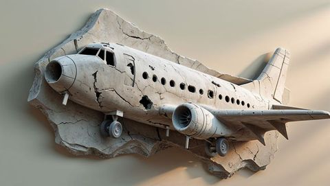 Abstract plane crash sculpture emerges from cracked wall