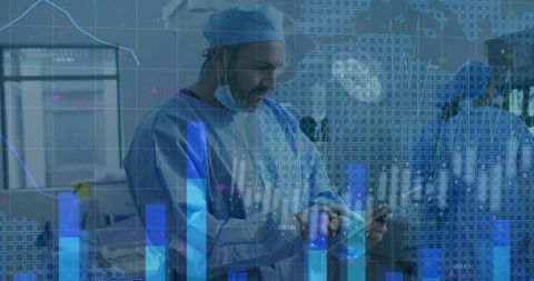Surgeon in operating room analyzing digital financial charts
