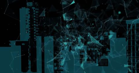 Digital Network Overlaid on Urban Cityscape at Night