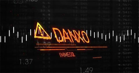 Glowing orange warning hud displaying waveform bars, neon glitch telemetry and digital readout