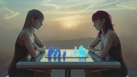Women engaging in sunset chess duel on terrace with glowing blue pieces