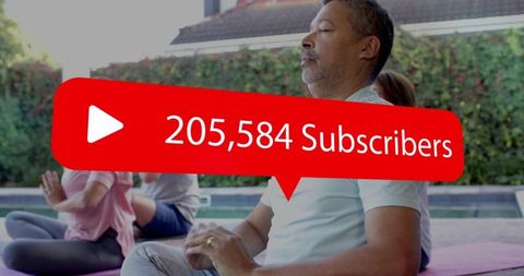 Meditating adults by backyard pool with youtube-style 205,584 subscribers notification graphic
