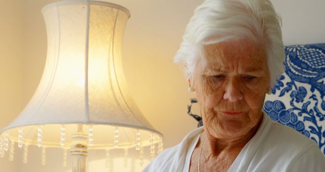 Senior Woman Reflecting at Home Beside Warm Lamp Light - Download Free Stock Images Pikwizard.com