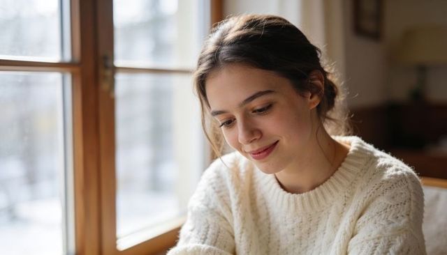 Young woman wearing cream cable-knit sweater by snowy window, cozy winter home portrait