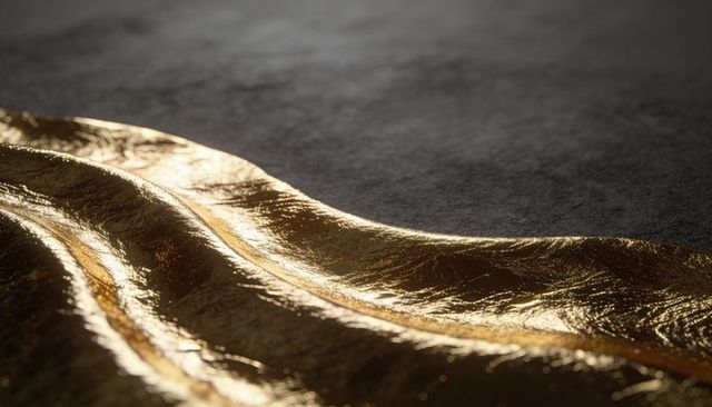 Shimmering gold foil fabric creating wavy folds and reflective highlights on dark surface