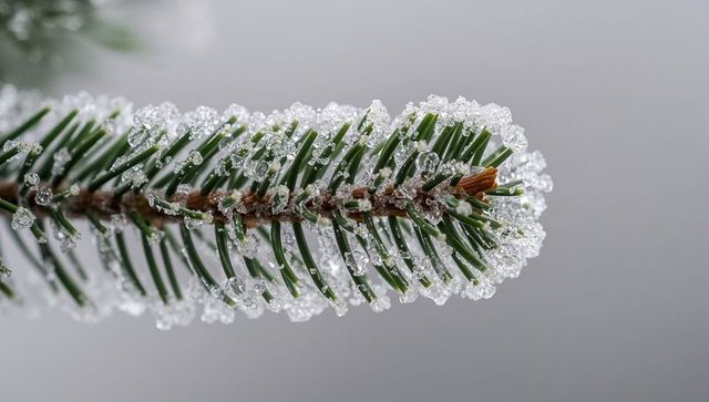 Spruce twig sparkling with ice crystals and droplets, winter frost macro close-up
