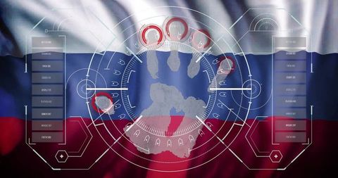 Scanning biometric handprint with futuristic hud over russian flag for authentication