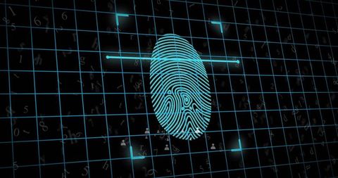 Cyan holographic fingerprint scanning interface for cybersecurity and identity verification