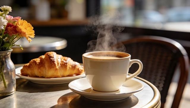 Steaming coffee and buttery croissant on sunlit bistro table with flowers
