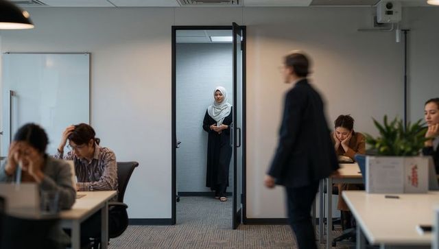 Diverse professional office scene with businesswoman in abaya