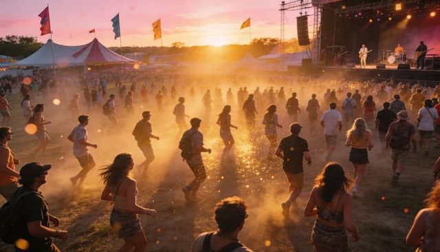 Sunset festival crowd dancing through dust toward backlit stage with flags and tents