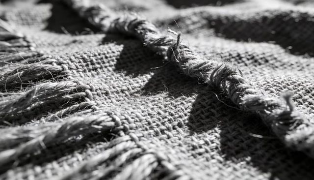 Braided rope and coarse woven fabric closeup showing fringe texture in monochrome contrast
